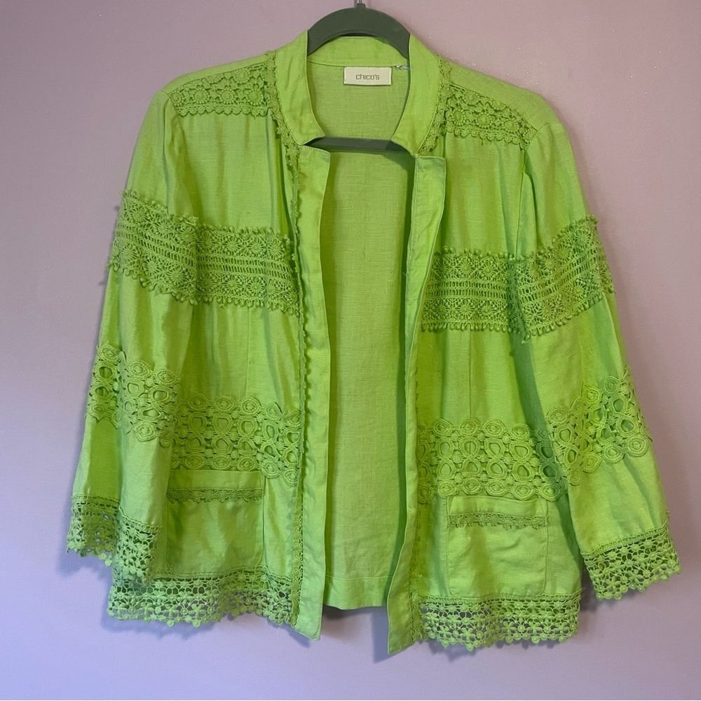 Chico's L Linen Blend Green Lace-Trimmed Jacket Cardigan